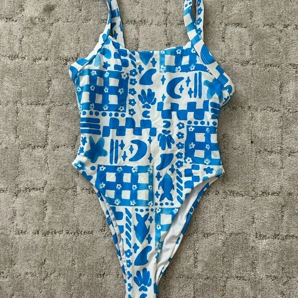 Blue Tropical Patterned One Piece Swimsuit - Picture 1 of 3